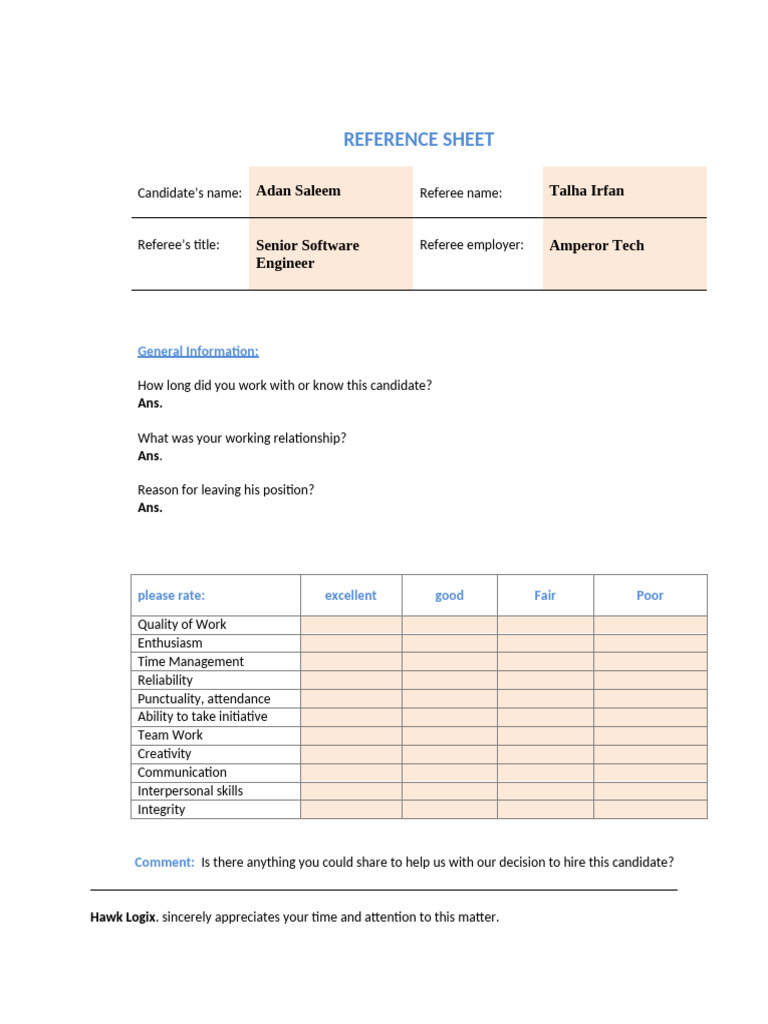Reference Form of Adan For The Role of Full Stack Developer | PDF