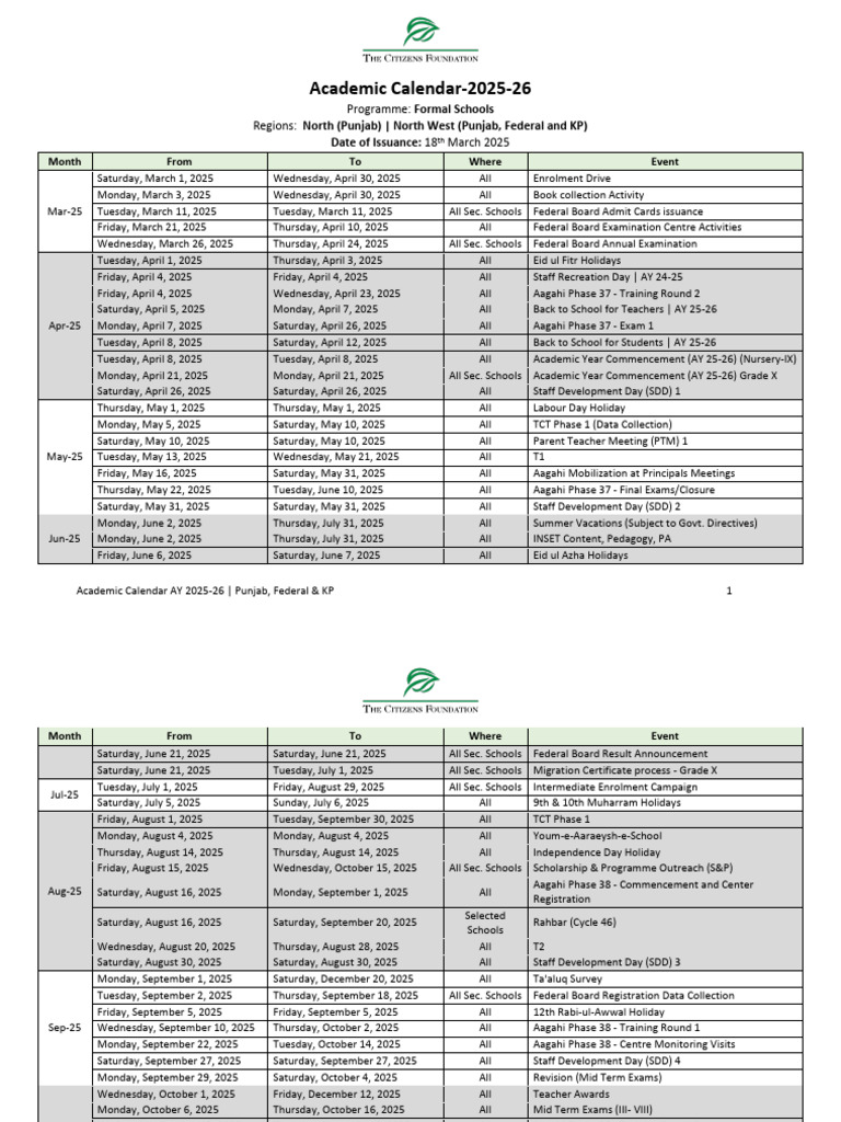 Academic Calendar - 2025-26 - Punjab, Federal, KP | PDF | Academic Term ...