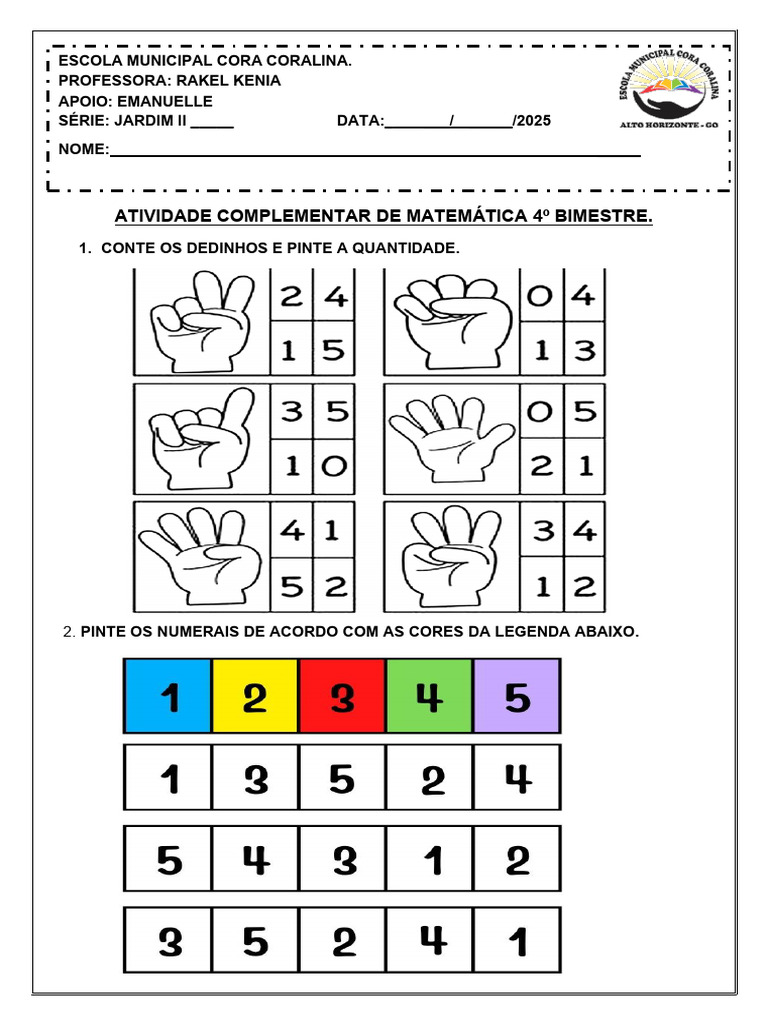 Atividade Complementar de Matemática Jardim II F-4º Bimestre | PDF