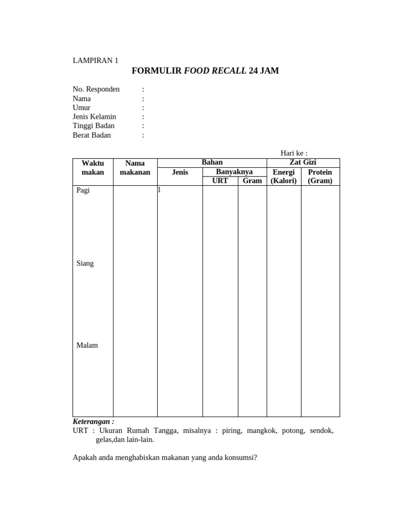 Lampiran 1 Formulir Food Recall 24 Jam | PDF