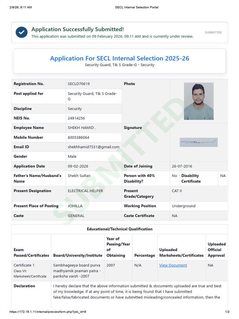 SECL Internal Selection Portal | PDF