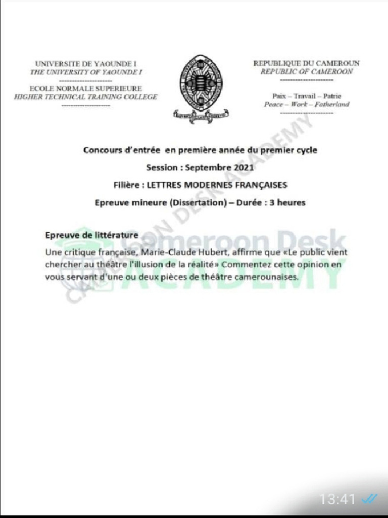 Épreuves Lettres Modernes Française ENS Yndé 2021 | PDF