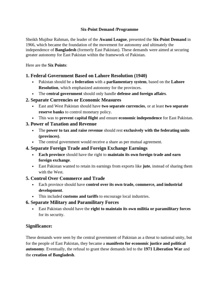 Six Point Demand of Sheikh Mujib | PDF