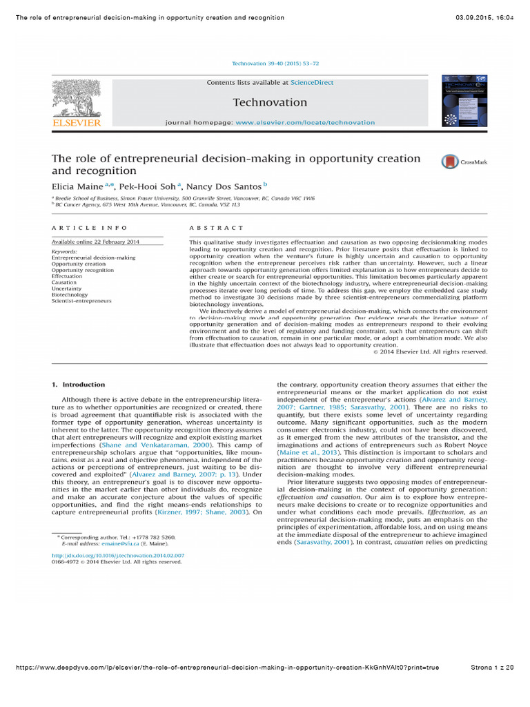 The Role of Entrepreneurial Decision-Making in Opportunity Creation and ...