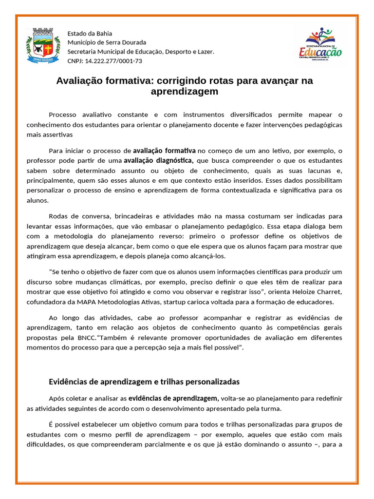 Avaliação Formativa | PDF | Aprendizado | Pedagogia