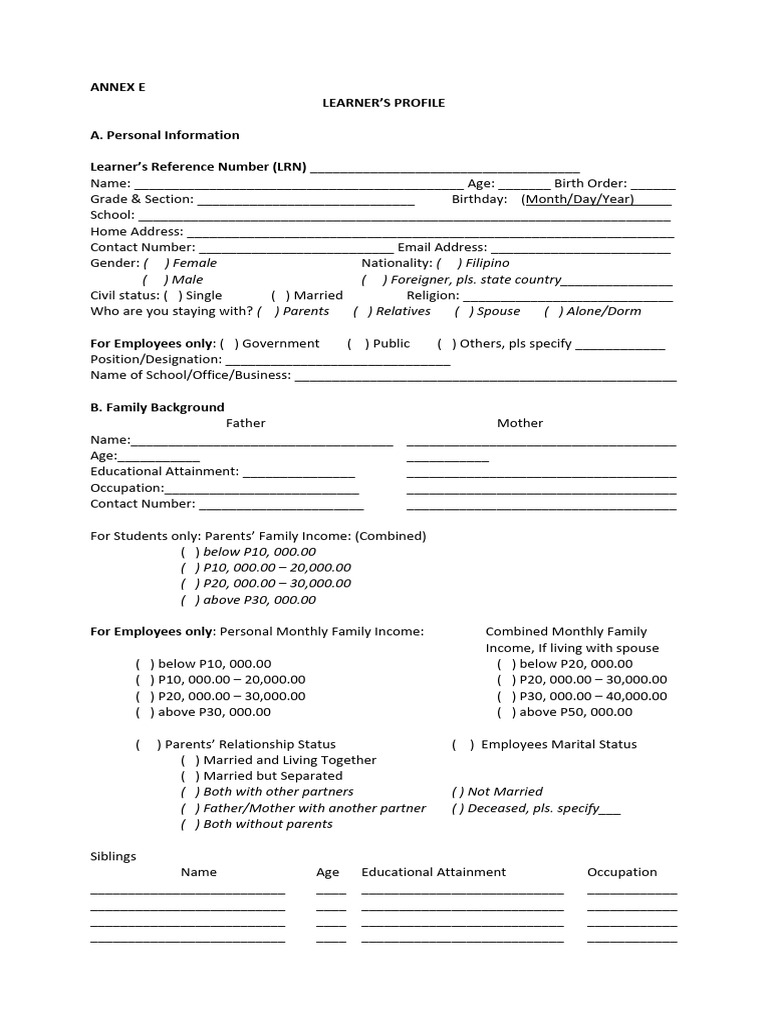 Annex e - (Counselee - S Data) Learner - S Profile-Individual Inventory ...