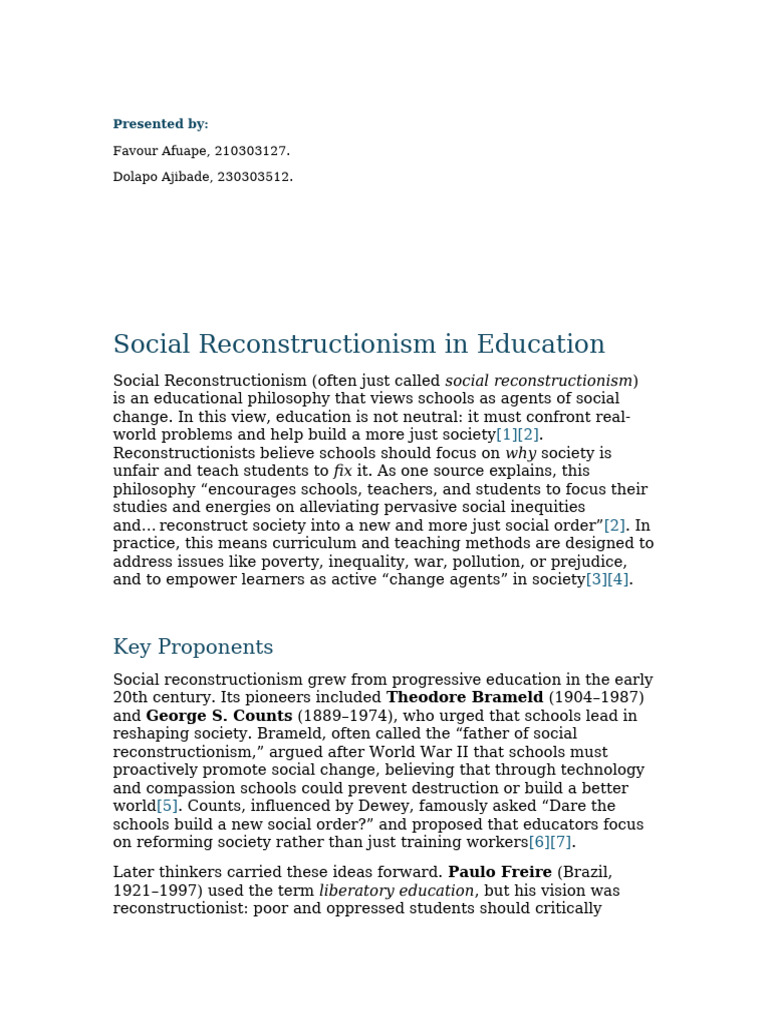 Social Reconstructionism in Education ( (Updated) | PDF