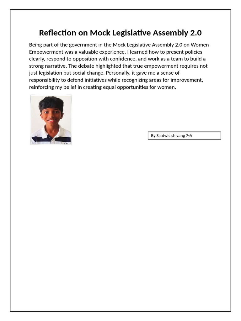 Reflection on Mock Legislative Assembly 2 | PDF