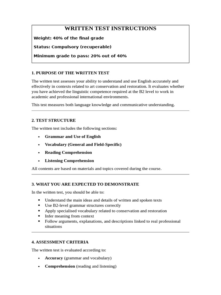Written Test Instructions | PDF | Reading Comprehension | Vocabulary