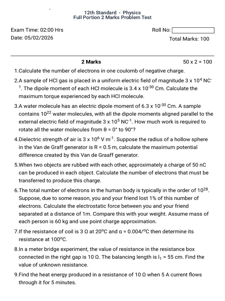 Physics - Full Portion 2 Marks Problem Test | PDF | Light | Inductor