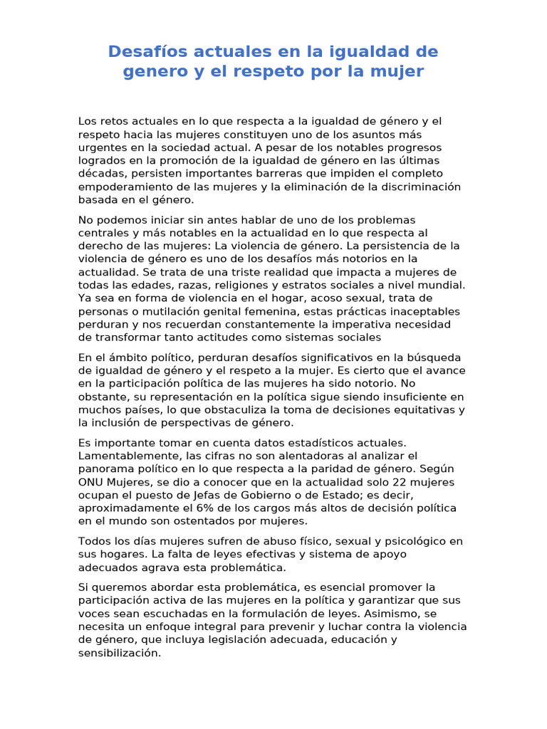 Desafíos Actuales en La Igualdad de Genero y El Respeto Por La Mujer ...