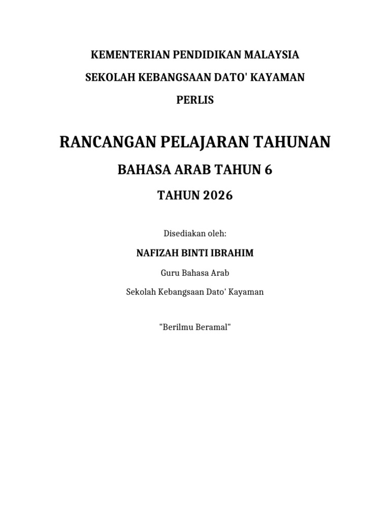 Cover RPT Bahasa Arab SK Dato Kayaman | PDF
