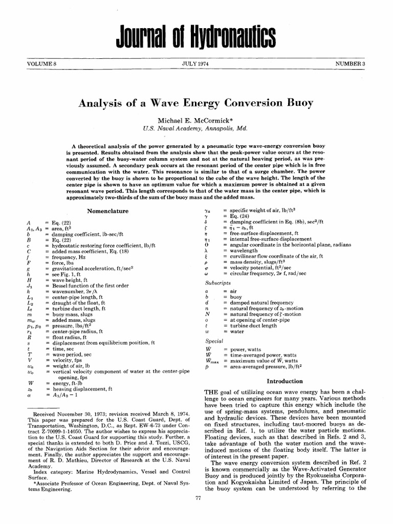 McCormick (1974) - Analysis of A Wave Energy Conversion Buoy | PDF ...