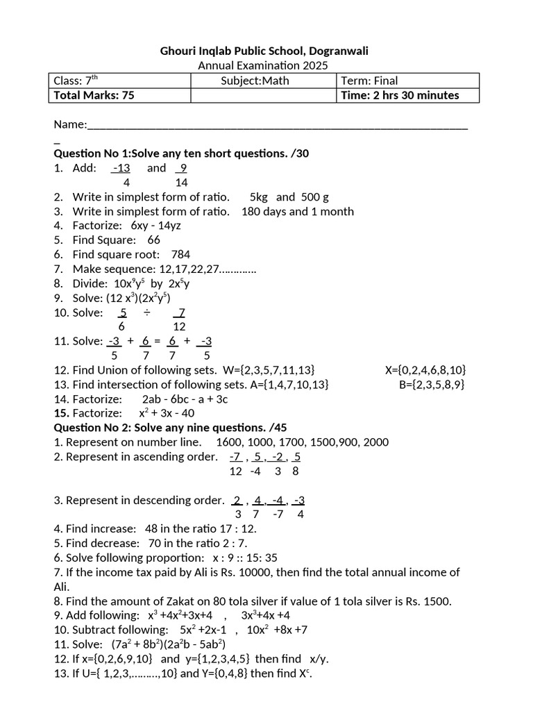 Math Paper Class 7th 1 | PDF