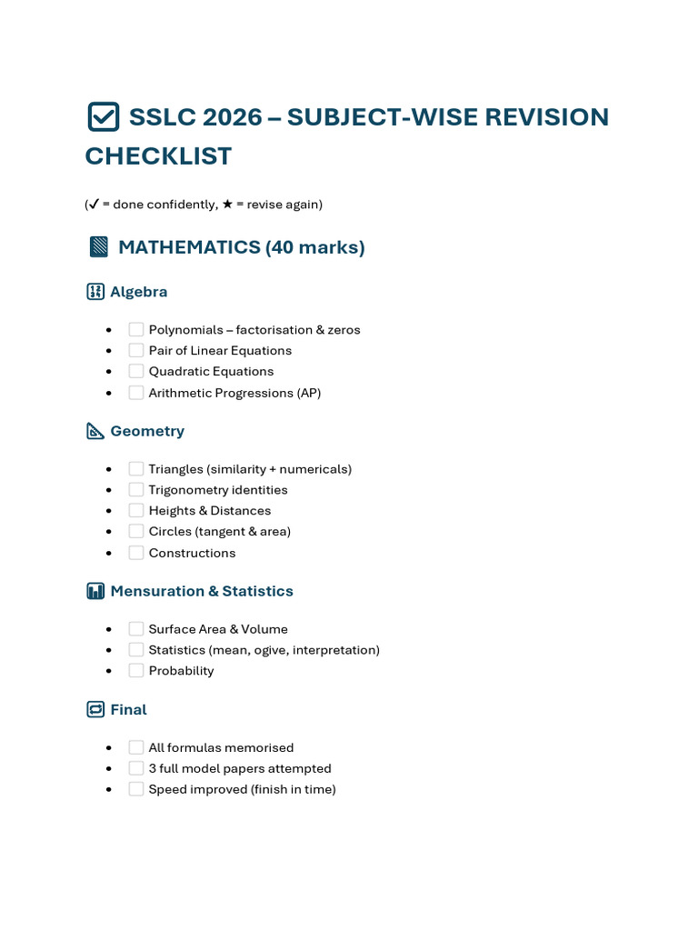 SSLC Subject-Wise Checklist | PDF | Equations | Area