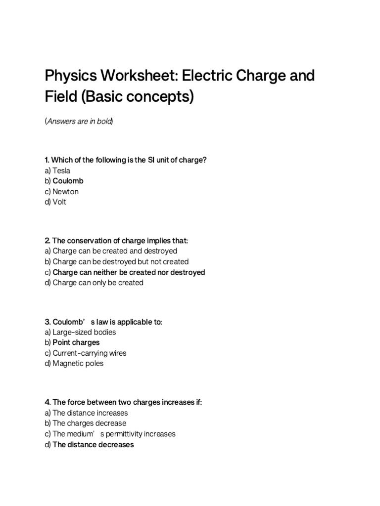Physics Worksheet: Electric Charge and Field (Basic Concepts) | PDF ...