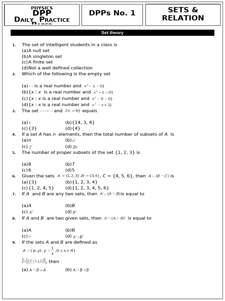 1. Sets & Relation - Question | PDF | Set (Mathematics) | Mathematical ...