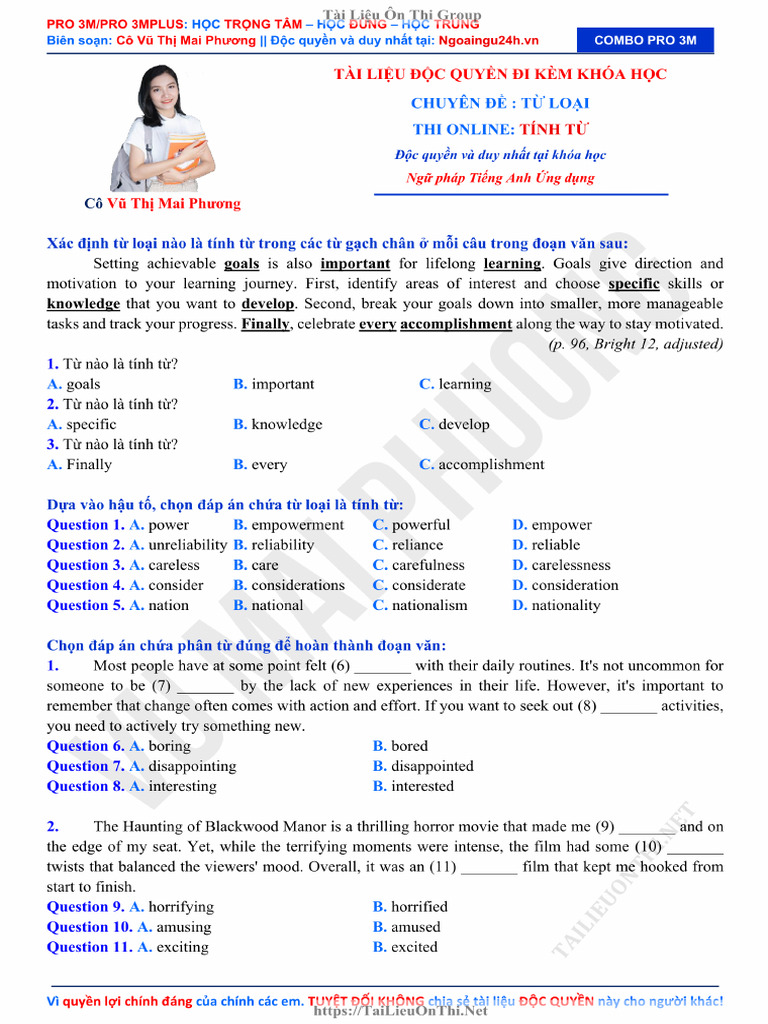 Co Vu Mai Phuong Thi Online Tu Loai Ly Thuyet Buoi 2 Tinh Tu | PDF