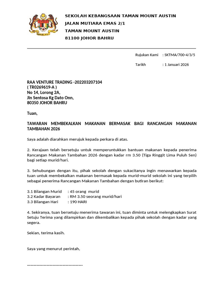 Surat Tawaran Membekal RMT 2026 | PDF