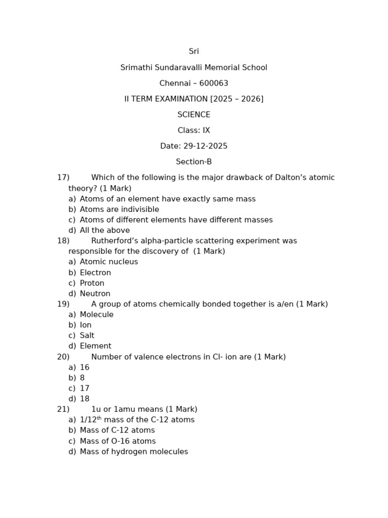 IX Term 2 Question Paper Chemistry | PDF | Atoms | Chemical Elements