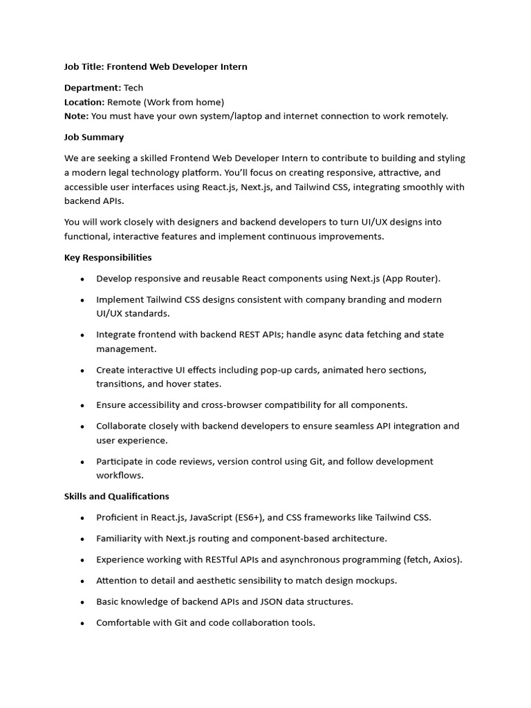 Web Developer Intern - Frontend | PDF | User Interface | Computing