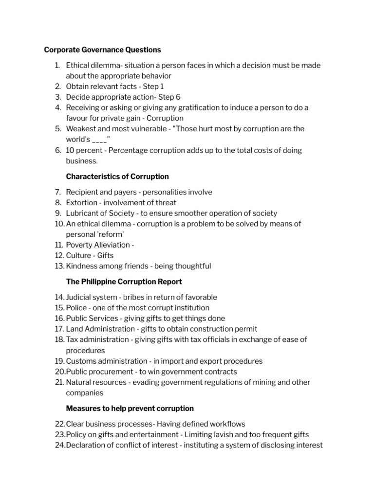 CorpGov C8-10 Questions | PDF | Corruption | Bribery