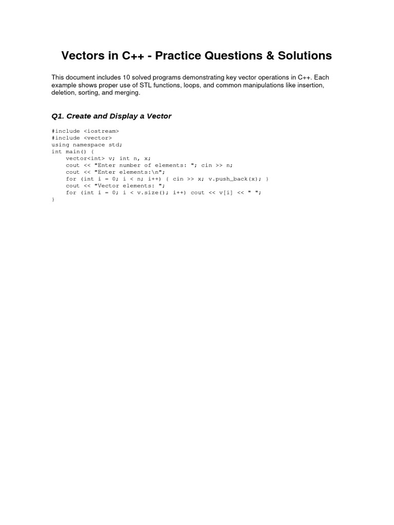 Vector Practice Solutions | PDF | C++ | Computer Programming