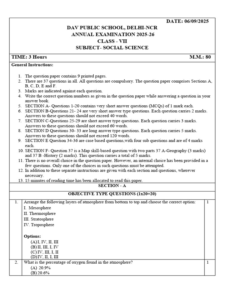 Sample Paper Class 7th | PDF