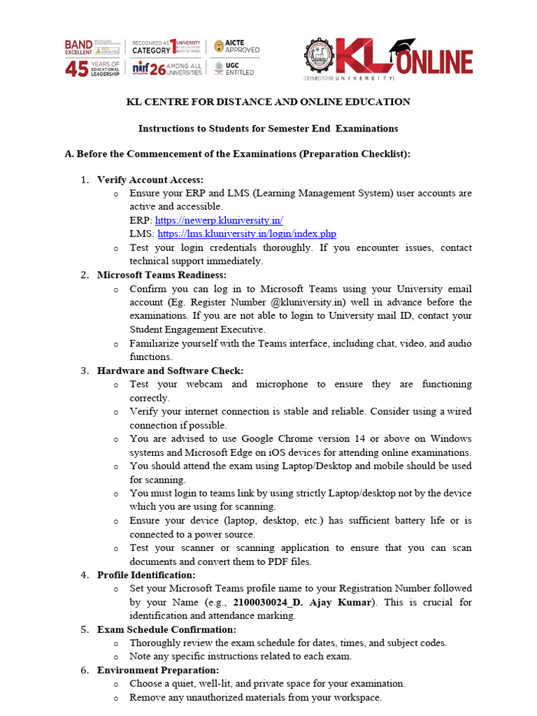 Instructions to Students for Semester End Examinations (1) | PDF ...