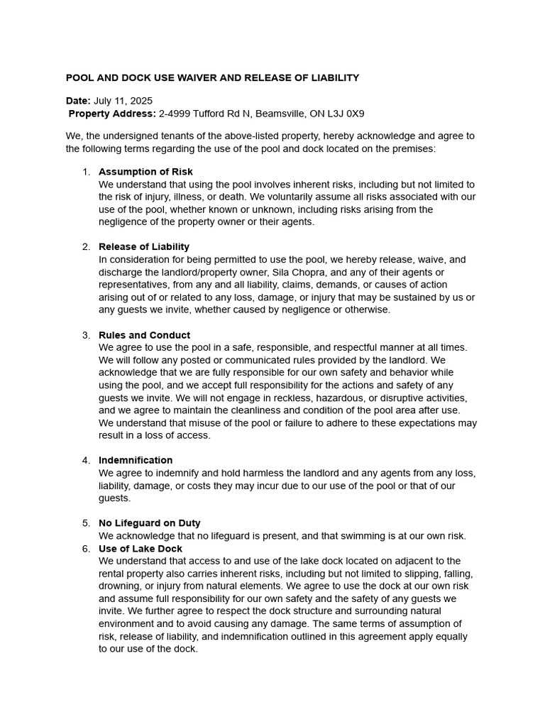 Pool - Dock Use Waiver and Release of Liability | PDF | Indemnity ...