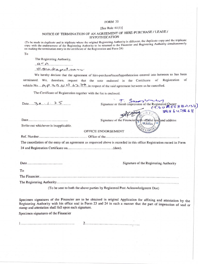 Form 35 Singed Owner and Financier | PDF