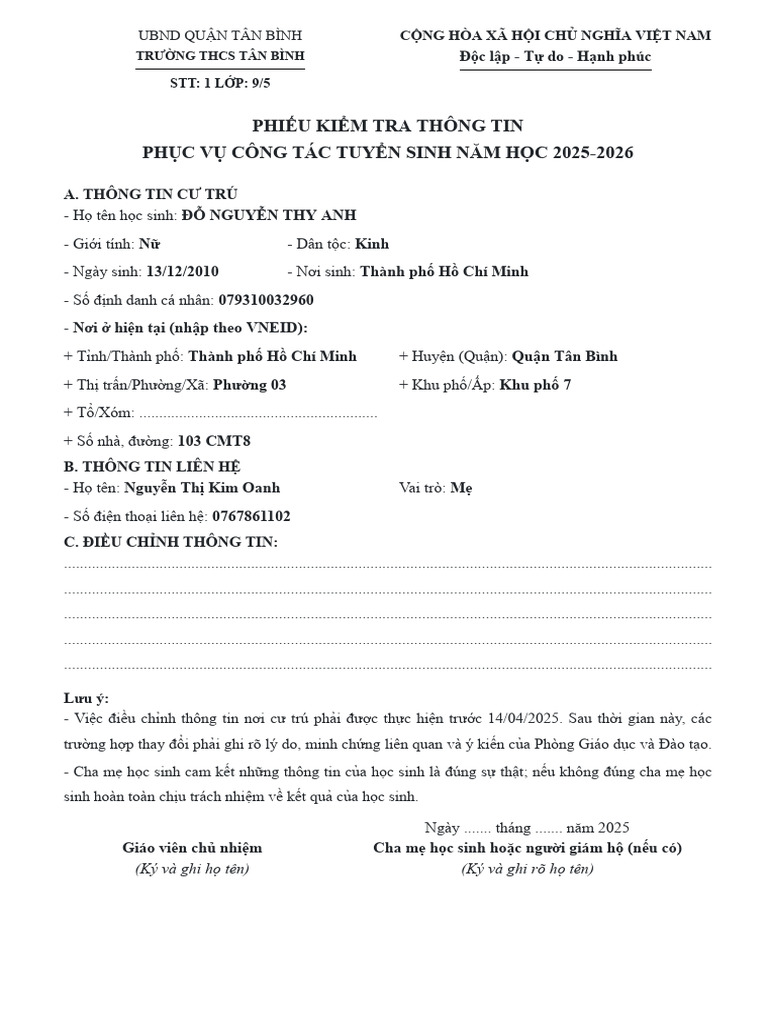 Phieu Kiem Tra Thong Tin Thcstanbinh 2024 2025 95 | PDF