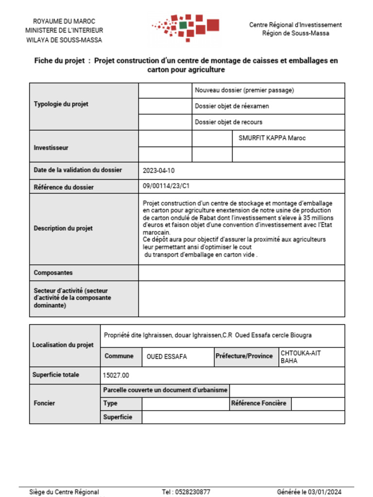 Fiche Project Projet Construction D'un Centre de Montage de Caisses Et ...