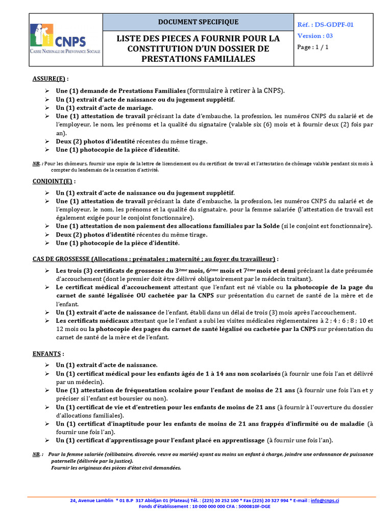 Pieces A Fournir - Dossier de Prestations Familiales | PDF | Certificat ...