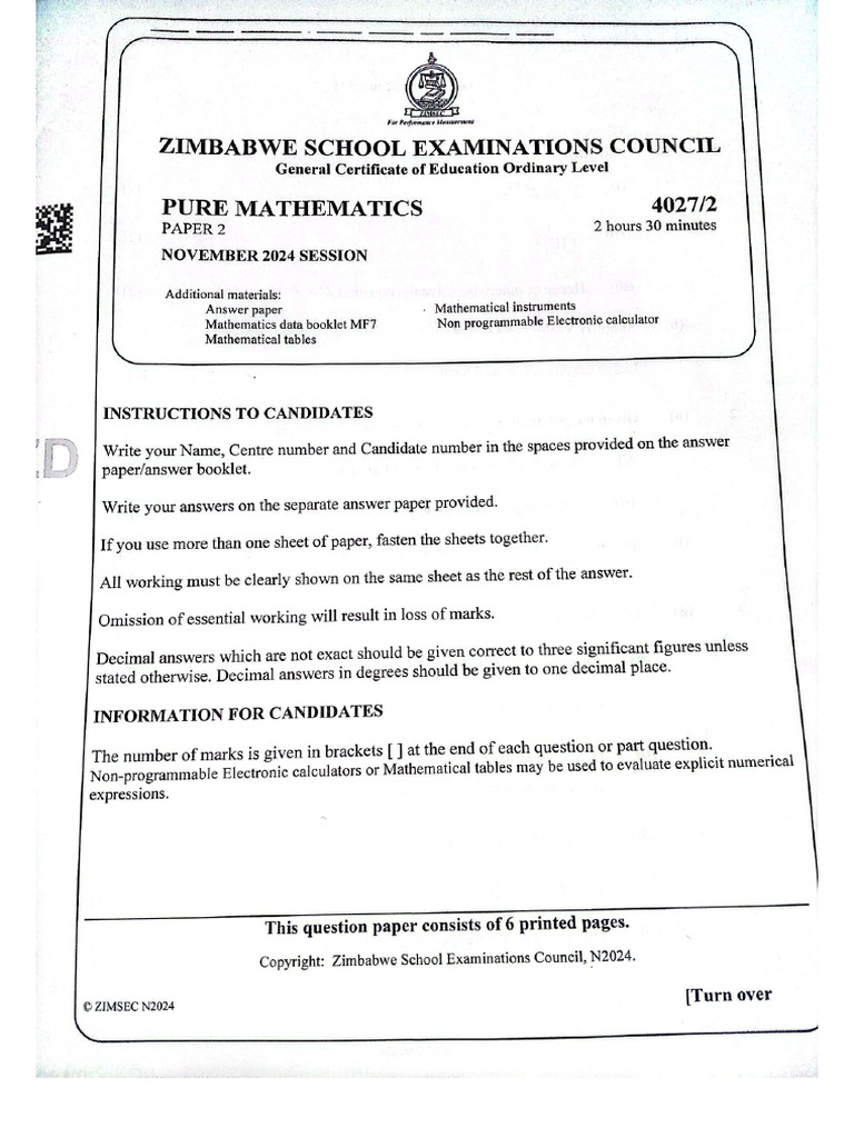 4027 Pure Mathematics o Level 2024 p2 | PDF