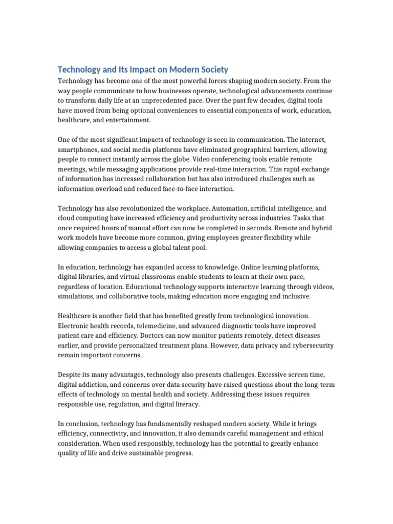 Technology and Its Impact On Modern Society | PDF | Educational ...