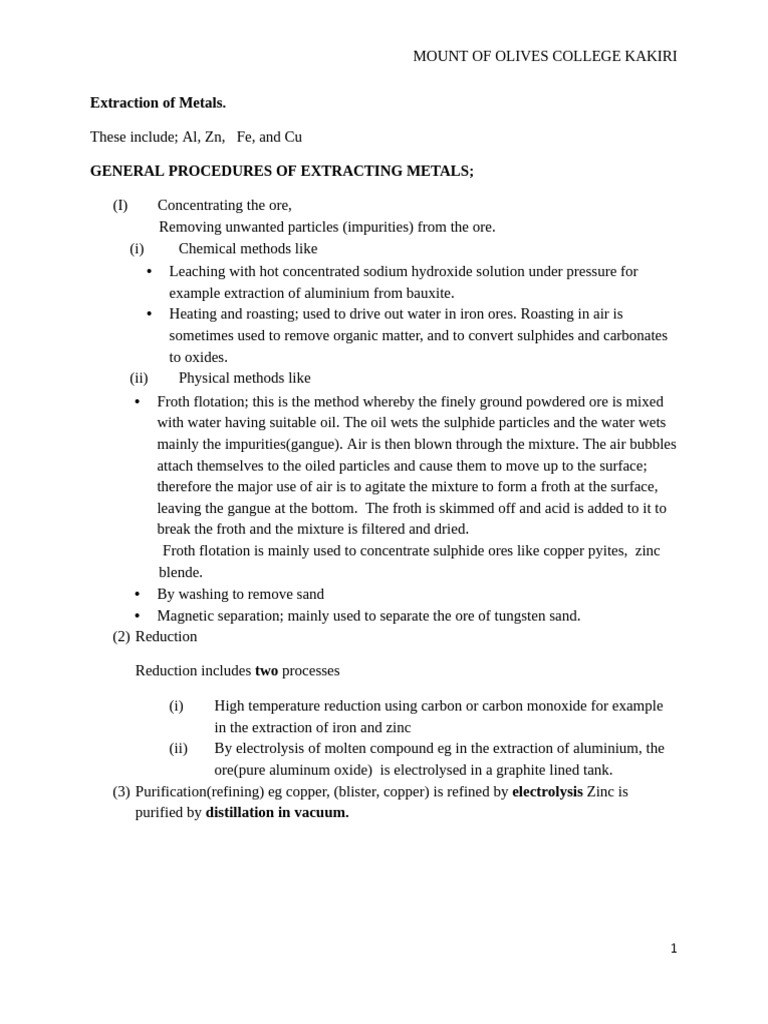 Chemistry Extraction of Metals Notes | PDF | Chromium | Transition Metals