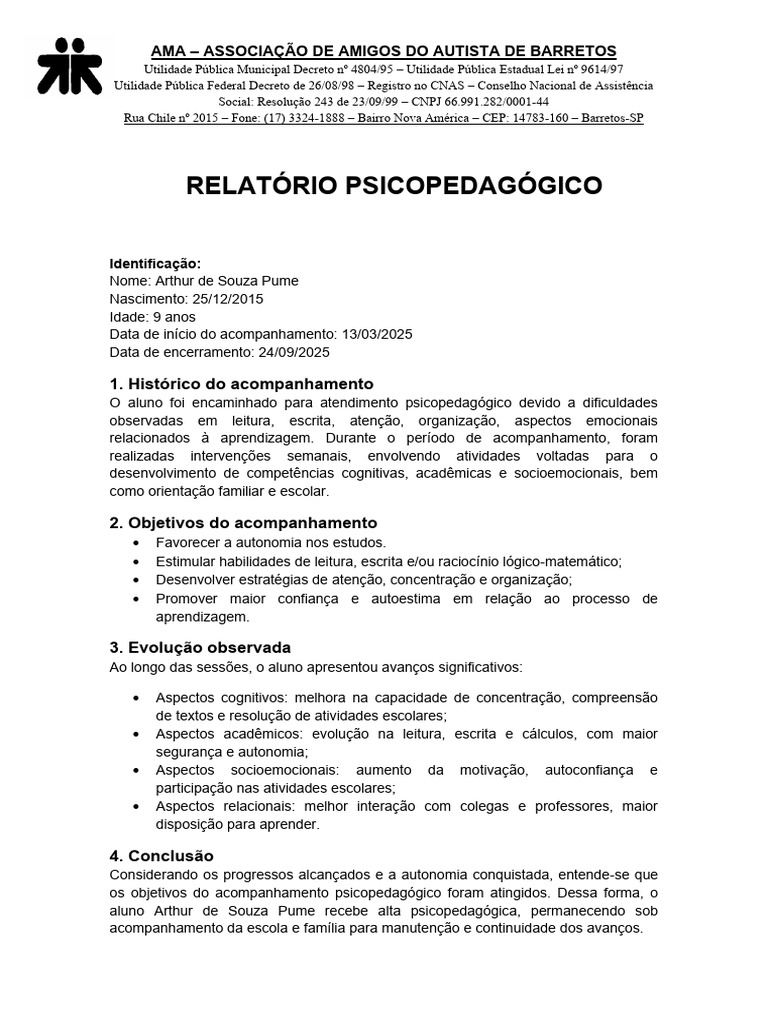 Relatório Psicopedagógico Pronto | PDF | Psicologia Educacional ...