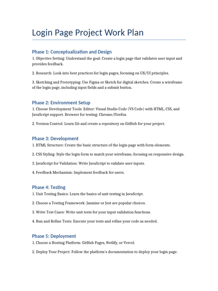 Login Page Project Work Plan | PDF