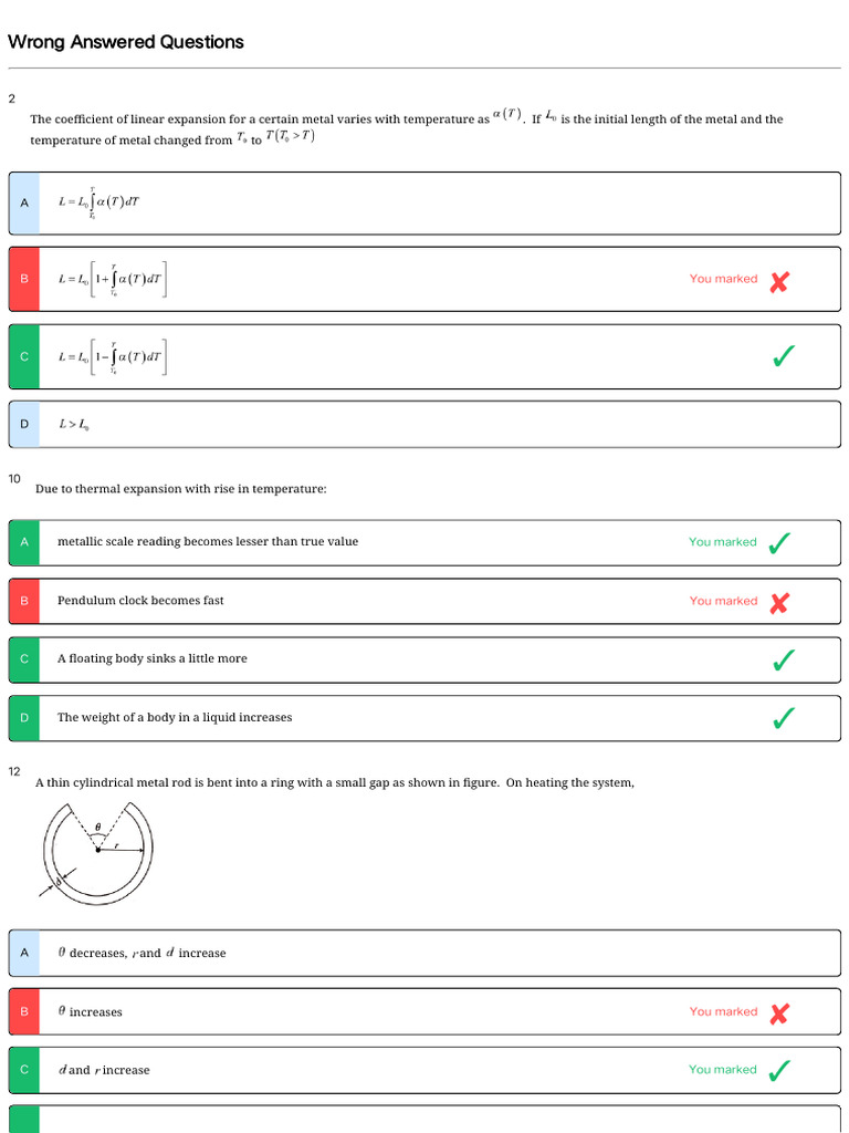 Wrong Answered Questions: You Marked | PDF | Thermal Expansion ...