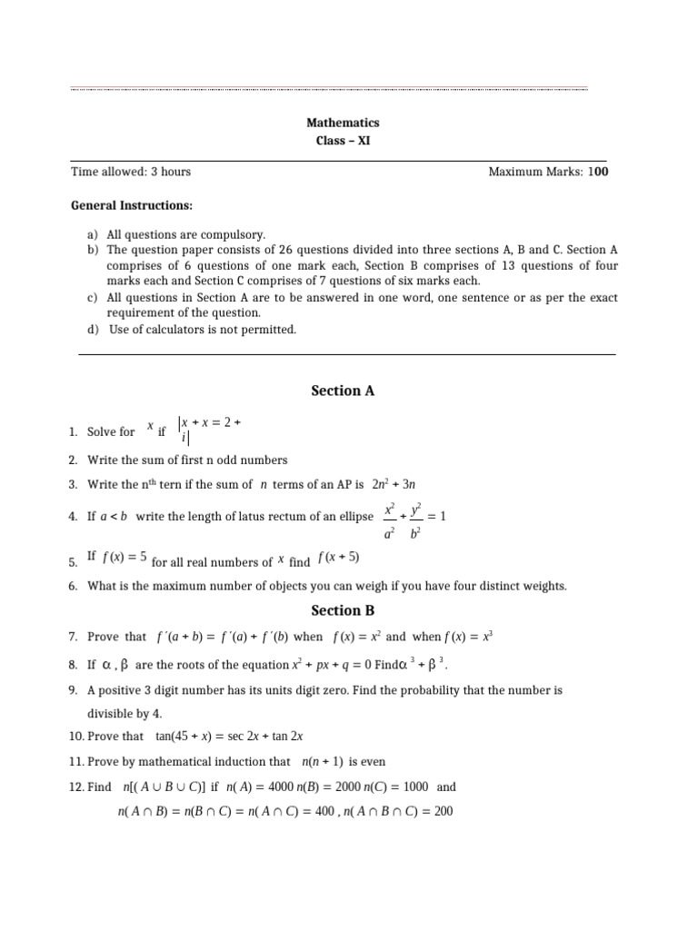CBSE-Class 11 Mathematics Sample Paper | PDF | Mathematics