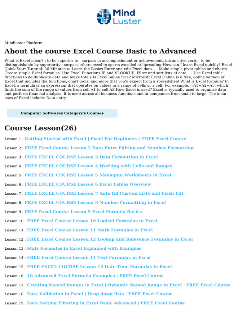 Excel Course Basic To Advanced Course Content | PDF | Microsoft Excel ...