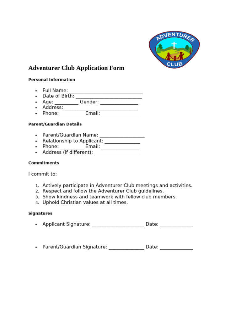 Adventurer Club Application Form | PDF