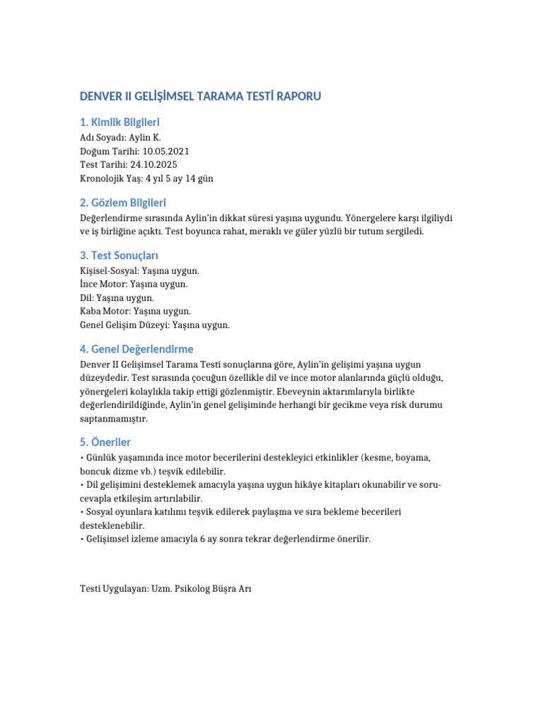 Denver II Gelisimsel Tarama Test Raporu | PDF