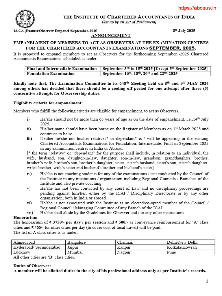 Icai Exam Sep 2025 Observers Empanelment | PDF