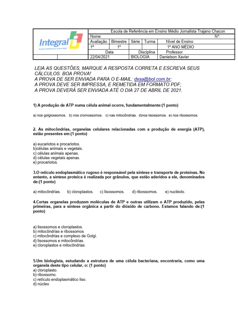 1 Prova Do 1º Ano Médio Biologia | PDF | Mitocôndria | Célula (Biologia)