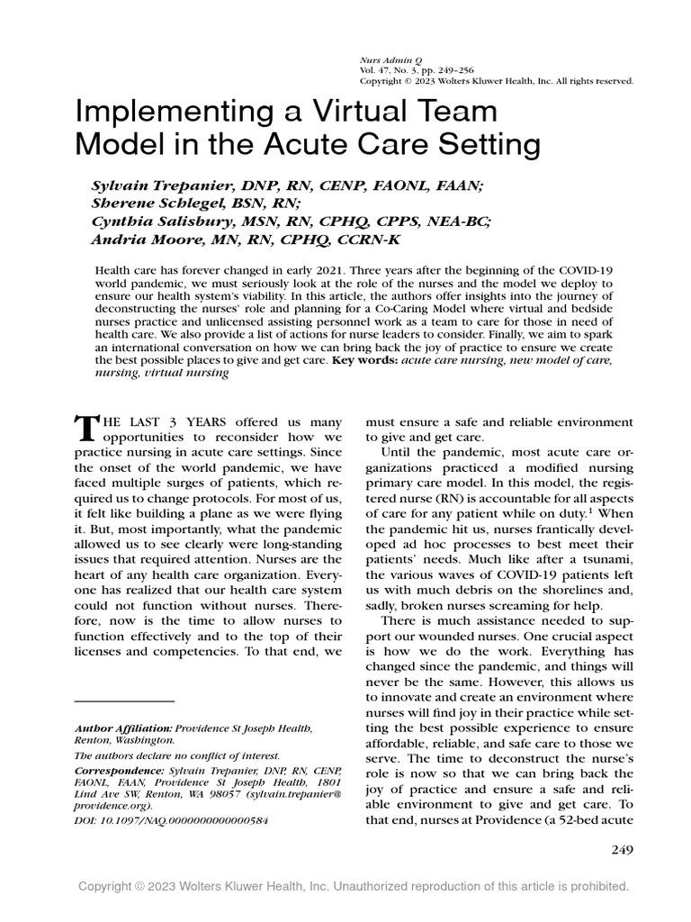 Implementing a Virtual Team Model in the Acute Care Setting | PDF ...