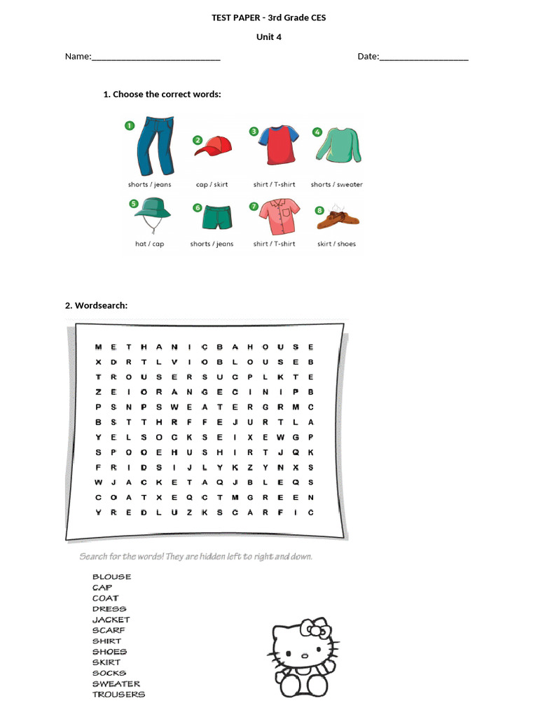 Test Paper 3rd Grade Unit 4 Ces | PDF