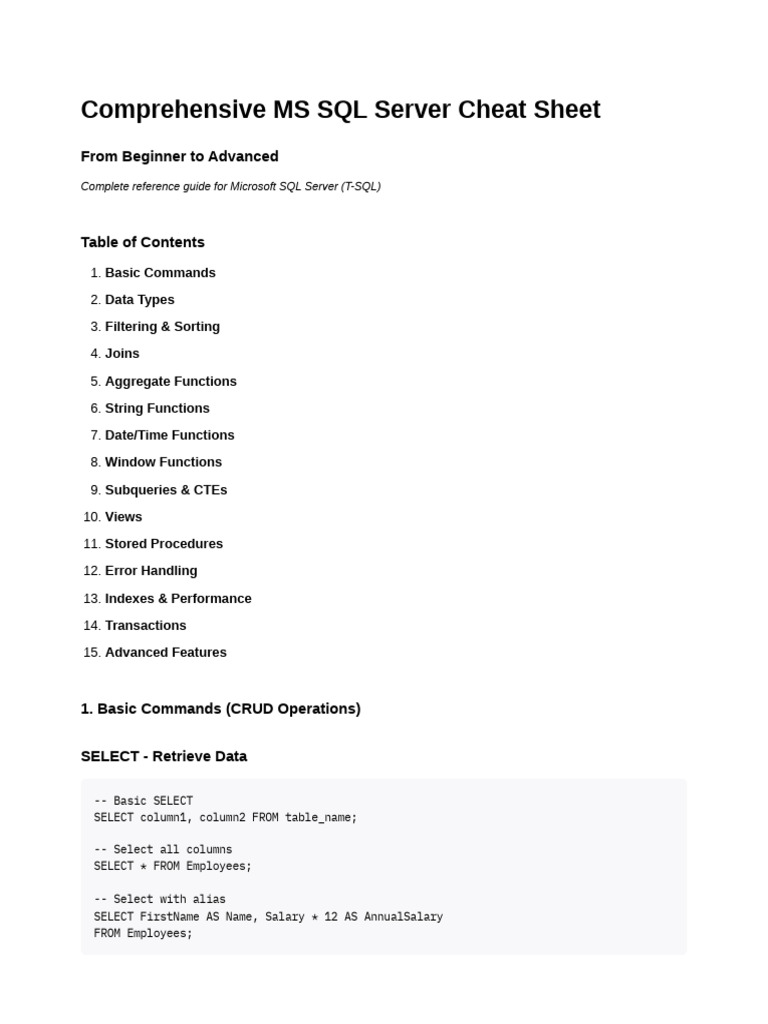 Ms SQL Comprehensive Cheat Sheet | PDF | Parameter (Computer ...