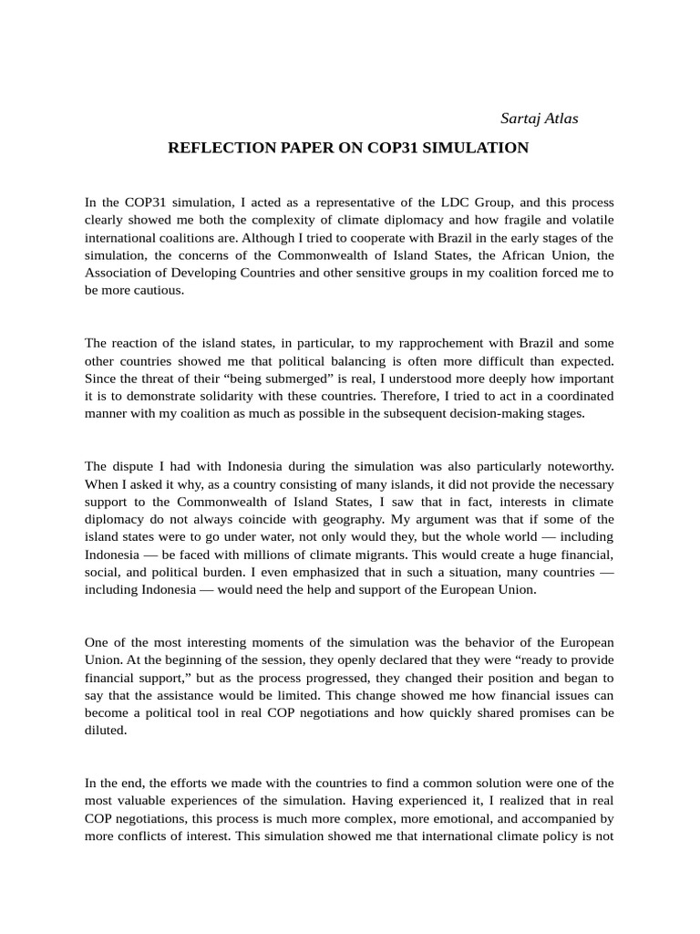 Reflection Paper on Cop31 Simulation Sartaj Atlas | PDF | International ...